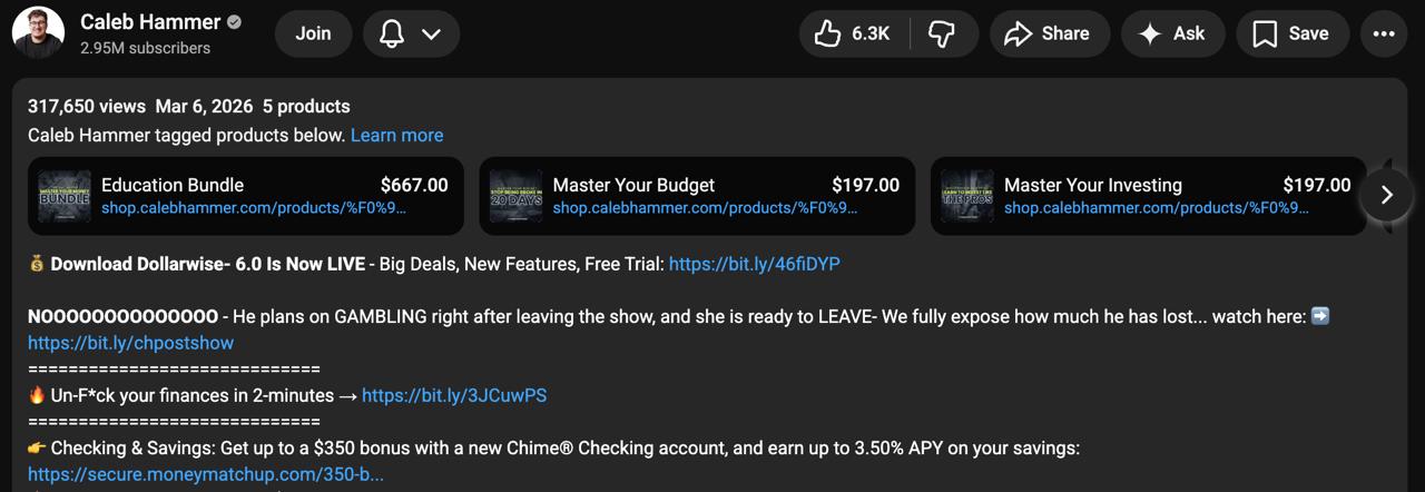 Caleb Hammer video description with Money Matchup link