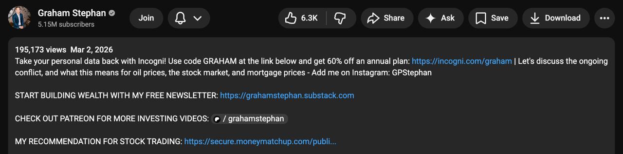 Graham Stephan video description with Money Matchup link